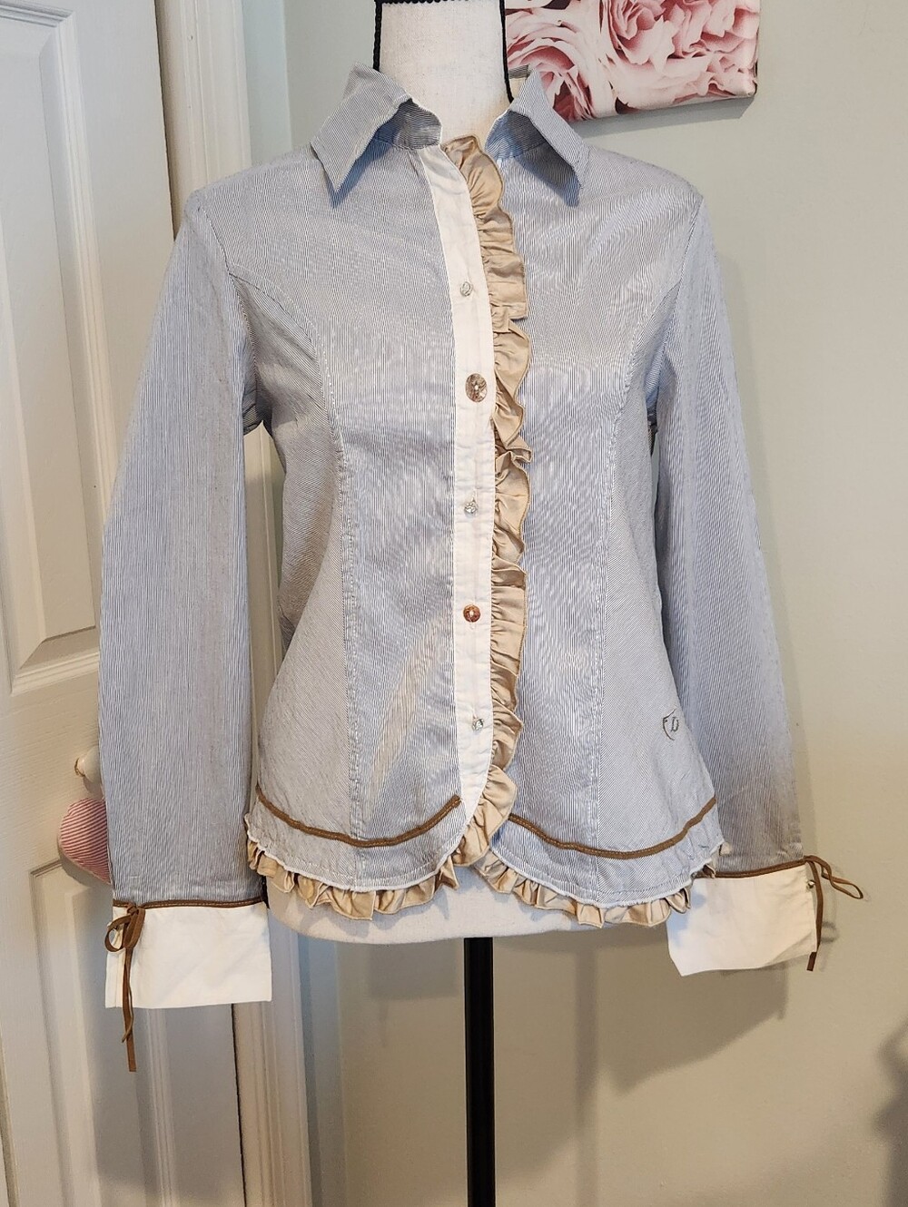 Light Blue Striped Ruffle-Trim Shirt with Beige Accents- Made In Italy- Dismero